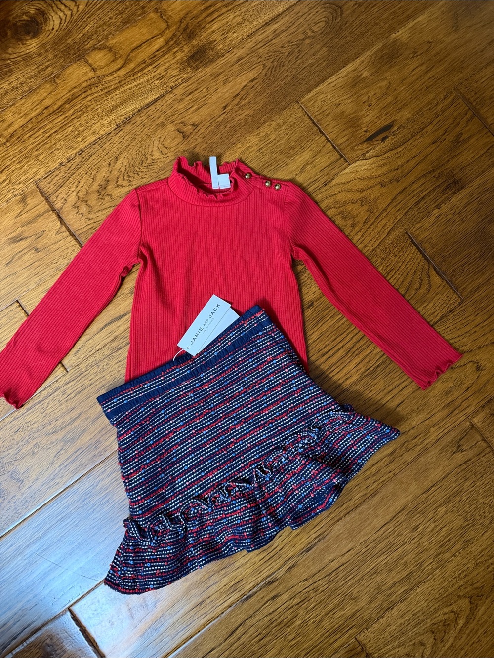Red Ribbed Long-Sleeve Top & Multicolor Knit Skirt Set